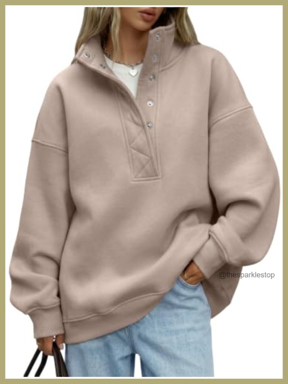 Oversized Henley Snap Button Sweatshirt Cotton Polyester Fleece Pullover